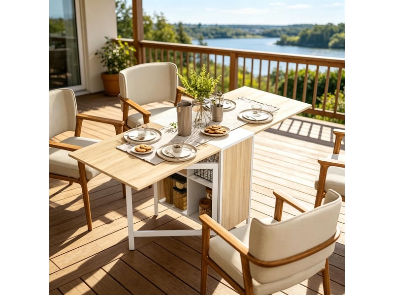  Table de salle à manger pliante avec 4 niches de rangement - lpospi - plateau rabattable mdf acier blanc chêne clair  - Conforama C