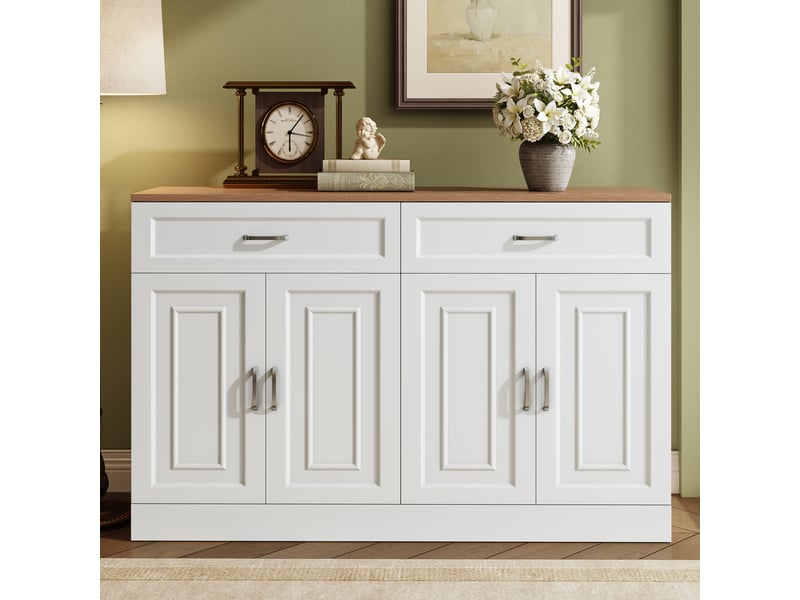  Buffet bas 4 portes et 2 tiroirs en bois et blanc 120 x 35 x 80,5 cm  - Conforama D