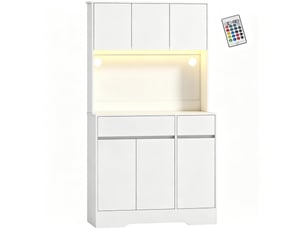 Buffet haut de cuisine blanc avec éclairage led rgb, 6 portes et 2 tiroirs - 100 x 38 x 180 cm