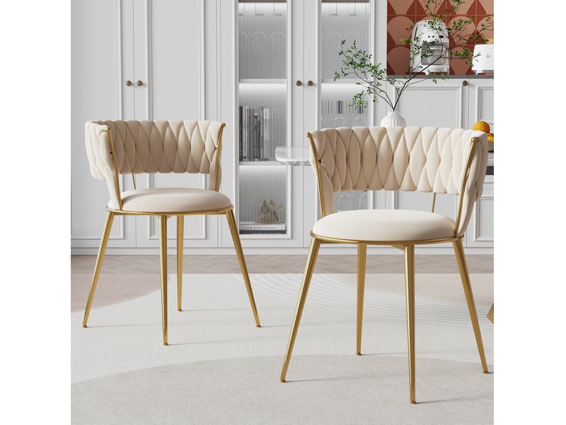  Lot de 2 chaises 57x43x70cm salle à manger, assise en velours, ivoire, dossier ajouré ergonomique, pieds métal doré  - Conforama B