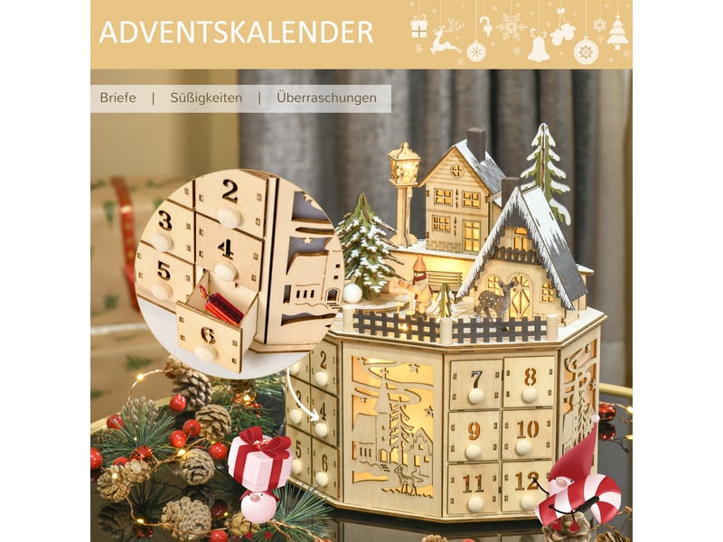 Calendrier de l'avent 24 tiroirs avec éclairage led bois naturel 25x20x29 cm  - Conforama E