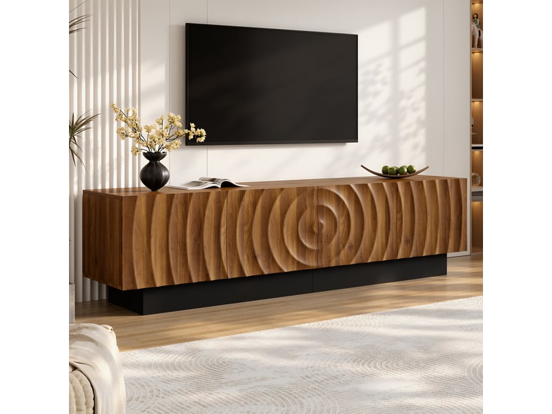 Meuble tv 180x40x50cm avec 4 portes à relief arqué 3d, étagères fixes, passe-câbles et socle noir, style mid-century, noyer evarich - Conforama B