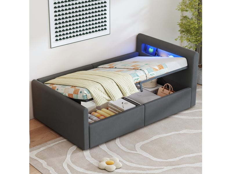  Lit enfant 90 x 200 cm avec led, usb, rangement hydraulique, velours gris foncé  - Conforama D