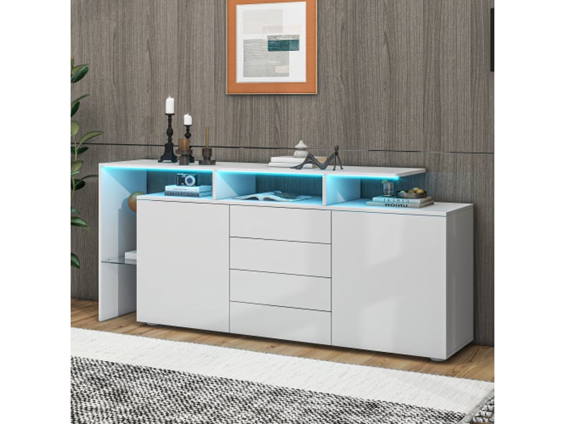 Buffet salon moderne blanc laqué avec led, meuble tv et rangement, 4 portes rotin, poignées métal, style minimaliste pour salon  - Conforama B