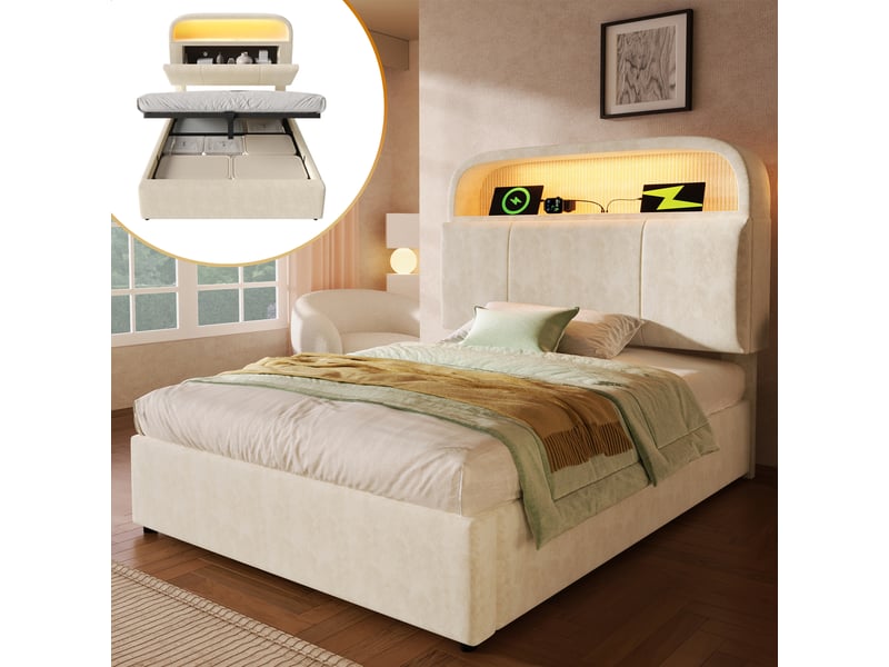  Lit simple capitonné 90x200 cm,lit coffre hydraulique,tête de lit réglable avec led,ports usb et type-c,velours,beige  - Conforama W
