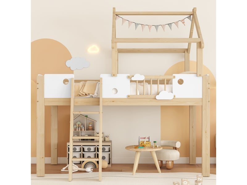 Lit mezzanine cabane enfant 90 x 200 cm avec échelle blanc et naturel Fay Lum - Conforama B