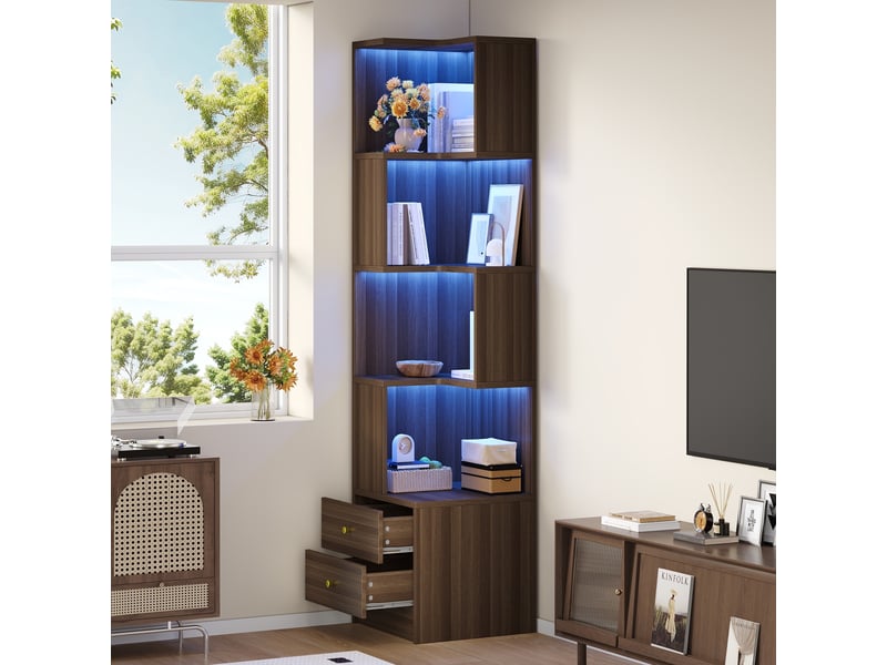 Bibliothèque d'angle en l - 45x43.5x180cm - meuble d'angle led rvb connecté app, 4 niches ouvertes et 2 tiroirs - marron  - Conforama C