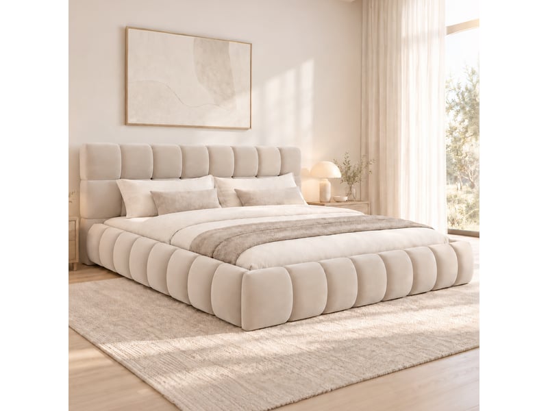 Lit double rembourré 160x200 cm avec tête de lit épaisse, cadre bas enveloppant, couchage encastré, sommier à lattes, charge 300 kg, velours beige OPULERANE TRADING LTD - Conforama B