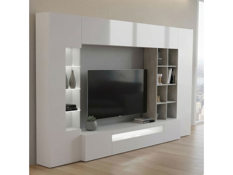 Système mural de salon, made in italy, base de meuble tv et éléments hauts et étagères, ensemble de salon moderne, 290x40h192 cm, blanc brillant et couleur ciment 638 - Conforama B