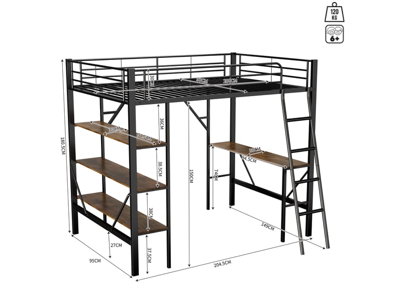  Lit mezzanine 90x200 cm en métal avec bureau et 3 étagères, noir, dès 6 ans  - Conforama C