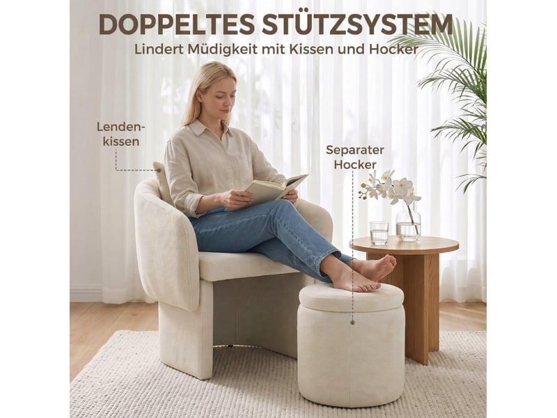  Fauteuil avec repose-pieds et coussin lombaire 72x62x70 cm en chenille beige  - Conforama D
