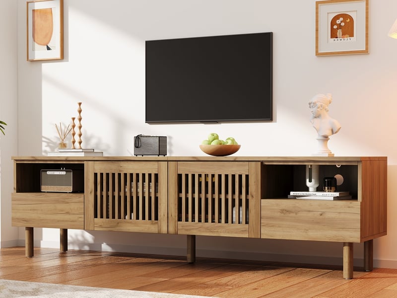  Meuble tv en mdf, 180 × 40 × 51 cm, avec 2 portes grillagées et 2 tiroirs, niches ouvertes et pieds en bois massif, couleur naturel  - Conforama B