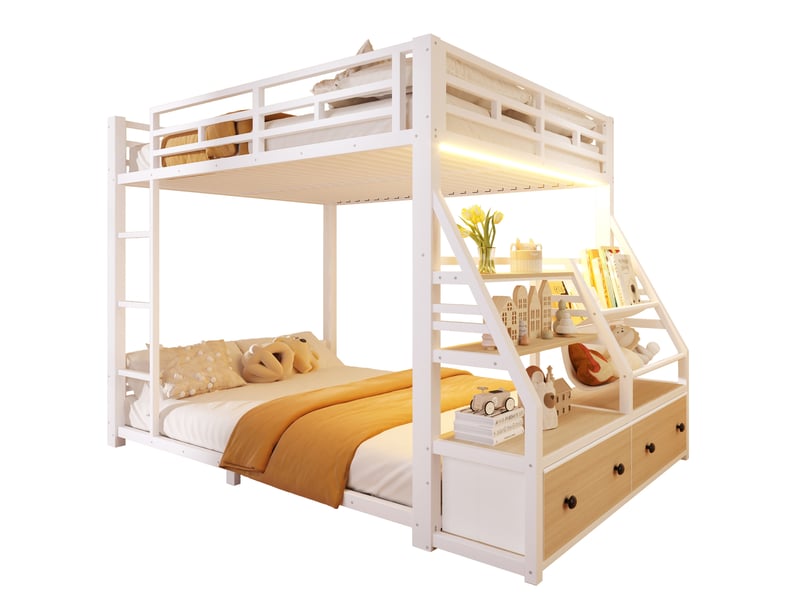  Lit superposé 140x200 cm en métal blanc avec éclairage led et 2 tiroirs  - Conforama A