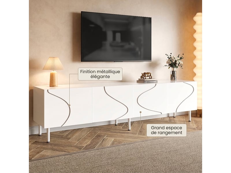  Meuble tv blanc 170 cm avec 4 portes et façades aux lignes courbées 3d, design moderne  - Conforama E