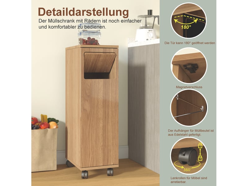  Meuble poubelle mobile 24,2 x 35,1 x 80,2 cm naturel mdf, 1 porte avec support pour sac et roulettes  - Conforama D