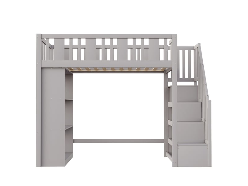  Lit mezzanine enfant 90x200 cm – gris – escalier avec rangement et 3 compartiments latéraux – sans matelas  - Conforama D