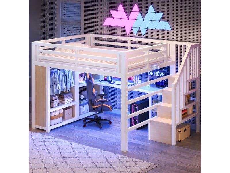  Lit mezzanine 140 x 200 cm en métal blanc avec bureau, escalier de rangement, éclairage led et port usb, sans matelas  - Conforama E