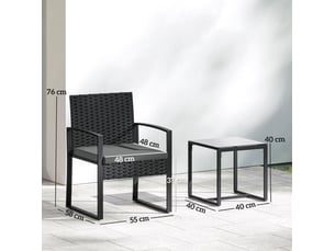 Rattan bistroset, set de 3 pièces pour le jardin, 2 chaises et table basse, kissen démontrables gris foncé