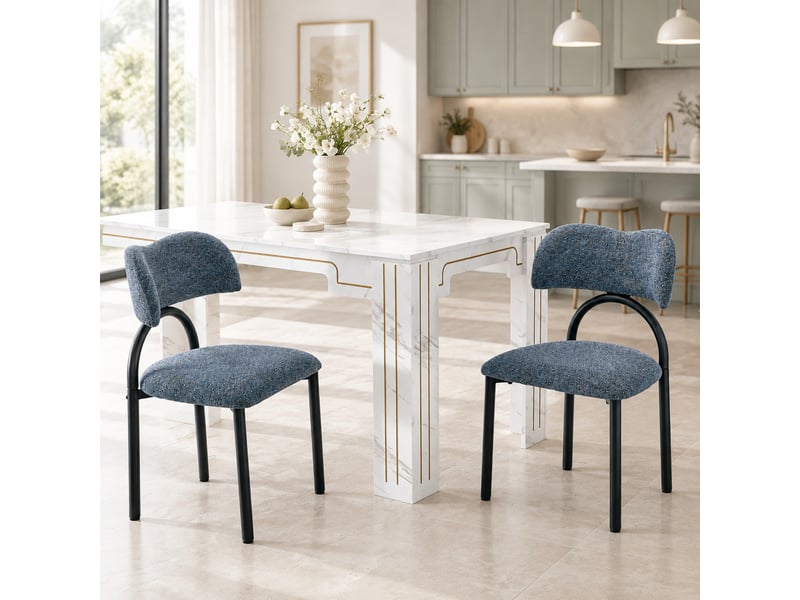  Chaises de salle à manger lot de 2 avec dossier incurvé rembourré  - piètement métal, tissu bleu  - Conforama C