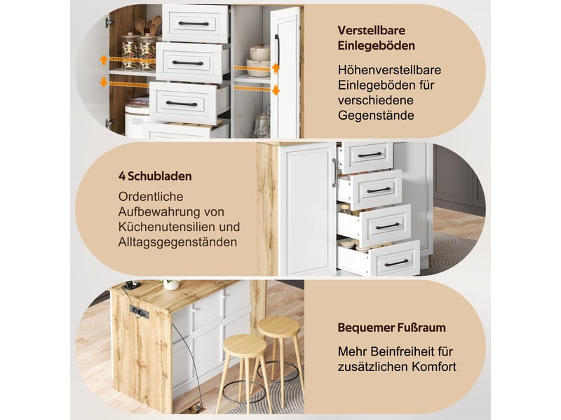  Desserte de cuisine avec 4 tiroirs, étagères réglables et prises intégrées, pour cuisine, 120×60×90 cm, blanc naturel  - Conforama E