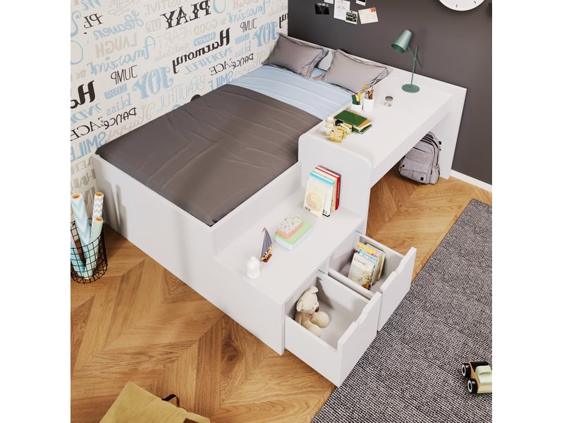  Modenvie lit enfant 90x200 cm - avec bureau, 2 tiroirs, sommier inclus, sans matelas - blanc  - Conforama E