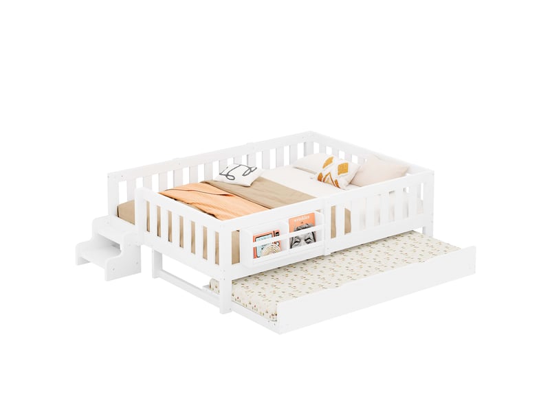  Lit enfant 140x200 cm avec lit gigogne 90x190 cm, bibliothèque intégrée, marche d’accès, garde-corps, sommier à lattes, bois massif et mdf blanc  - Conforama A