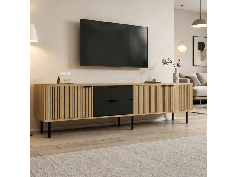  Meuble tv 208x40x48 cm - meuble bas avec 3 tiroirs, gestion des câbles, pour tv jusqu’à 85 pouces, panneau de particules - noir et naturel  - Conforama E