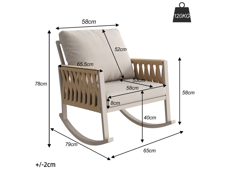 Fauteuil à bascule de jardin 65x79x78 cm avec tressage corde croisée, coussins confortables, structure métal, beige  - Conforama C