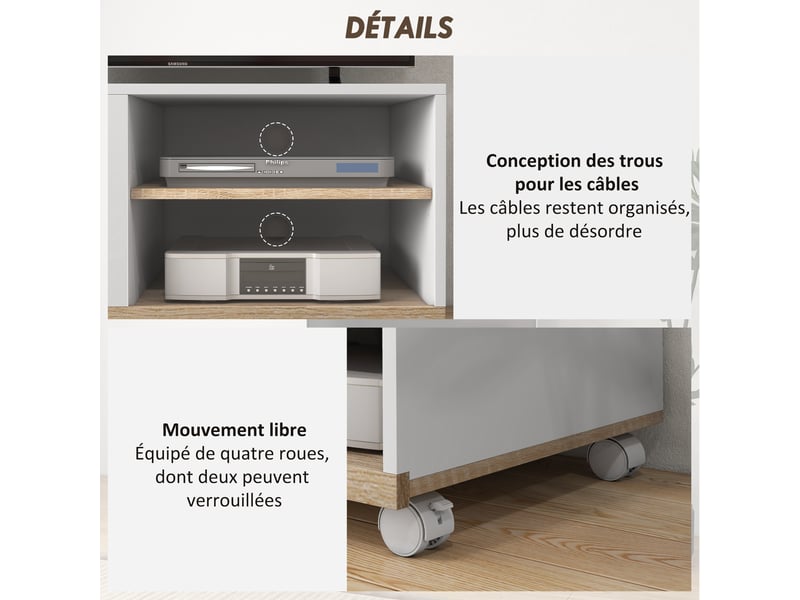  Meuble tv sur roulettes avec 2 freins - 2 niches + placard porte 2 passe-fil - en bois blanc chêne clair  - Conforama R