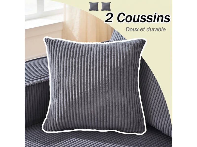  Canapé d'angle en l modulaire compressé 235x128x60 cm - velours côtelé gris et méridienne  - Conforama D