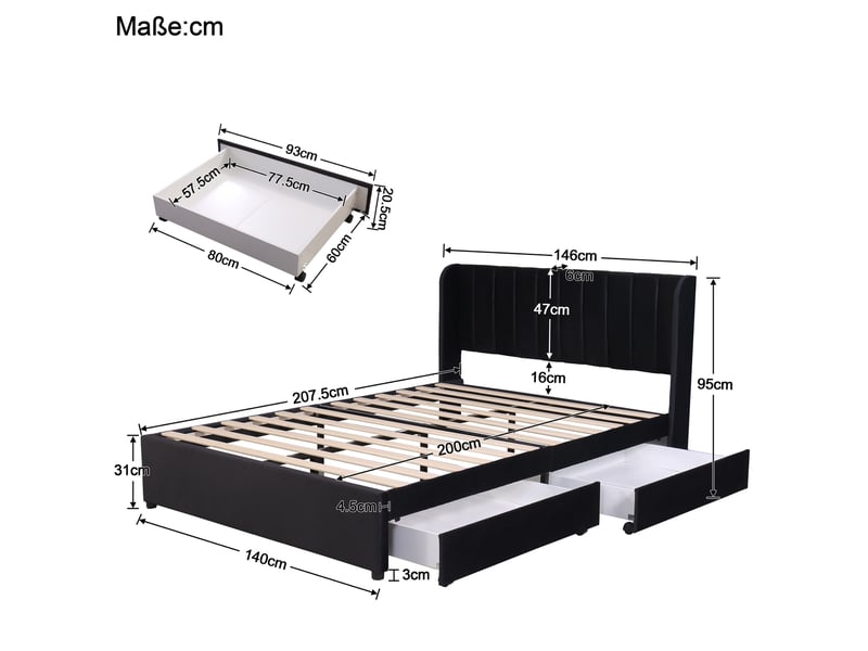  Lit 140 x 200 cm en velours noir avec sommier à lattes, tête de lit et 2 tiroirs  - Conforama E