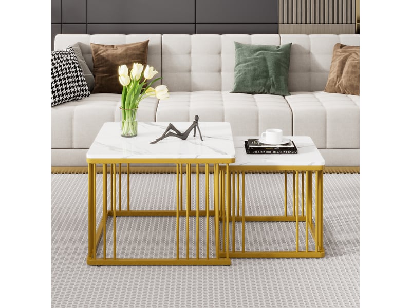  Lot de 2 tables basses gigognes carrées effet marbre brillant - pieds dorés 60x60cm  - Conforama D