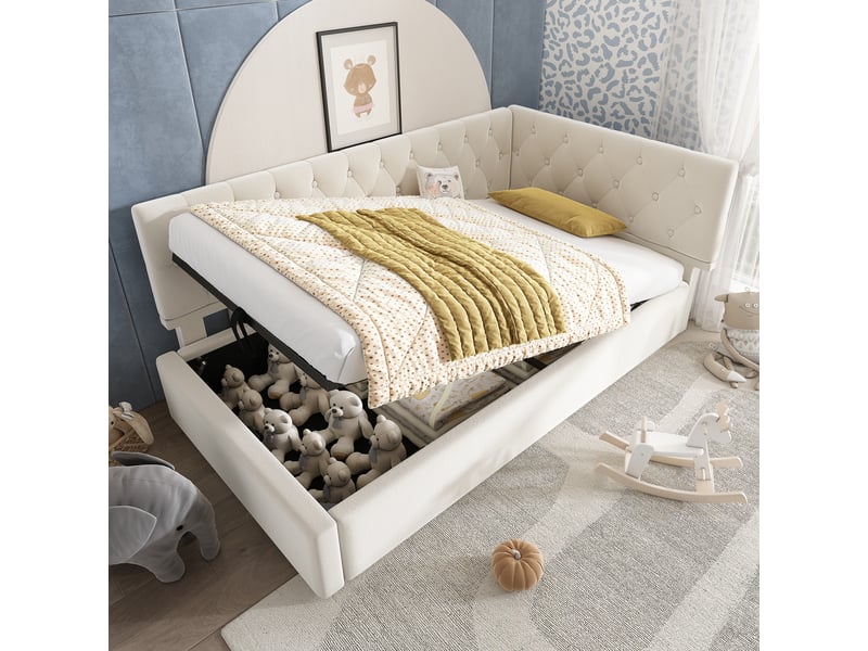 Lit banquette 200×90 cm avec rangement hydraulique et tête de lit réversible, sans matelas, en velours beige - Conforama C