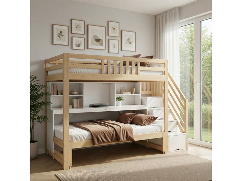  Lit superposé 90 x 200 + 90 x 190, avec lit gigogne, bureau, armoire sous l'escalier et étagère, blanc et couleur chêne  - Conforama B