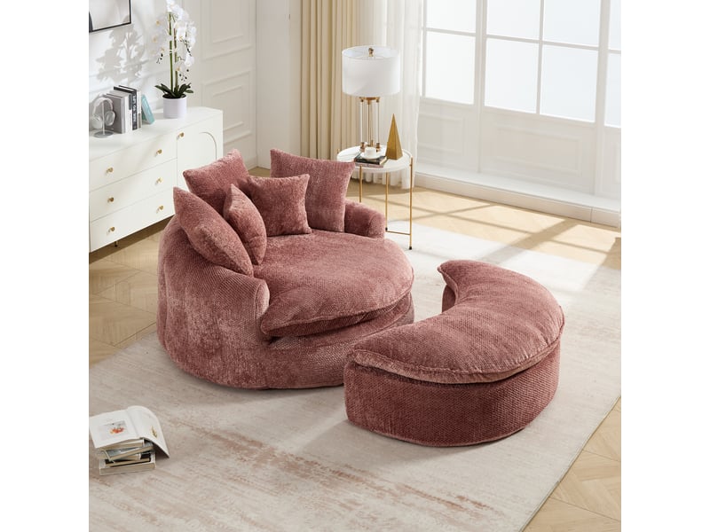 Canapé lounge xxl 1 place 190,5x138x63 cm, chaise longue ronde en polyester, assise profonde en mousse haute densité, coussins, sans montage, rose  - Conforama B