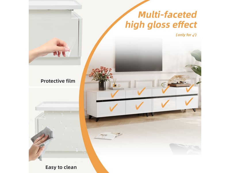  Meuble tv blanc brillant de 180 cm avec quatre placards, rangement modulable et huit pieds, pour téléviseur jusqu’à 80 pouces  - Conforama W