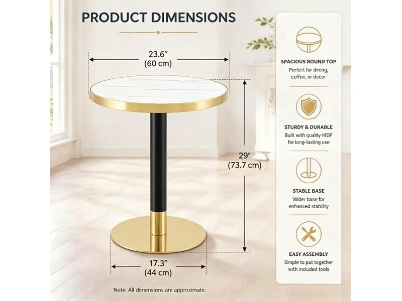  Guéridon rond 60 cm en mdf effet marbre blanc, métal noir et doré, hauteur 74 cm  - Conforama B