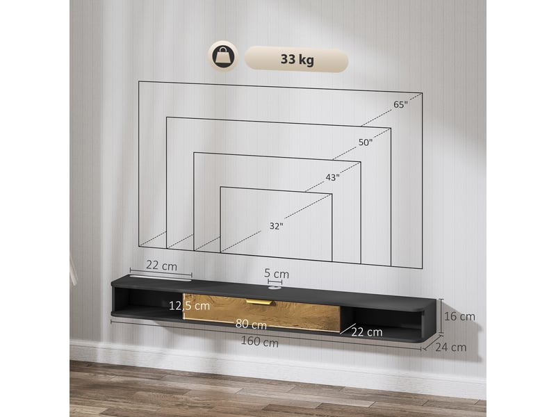  Meuble tv suspendu avec compartiments ouverts, porte rabattable et passe-câbles, gris, 160 x 24 x 16 cm  - Conforama C