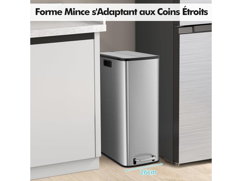  Poubelle cuisine 45 l, poubelle en métal inoxydable, poubelle à pédale, couvercle à ailettes, fermeture douce, panier intérieur, peu encombrante  - Conforama D