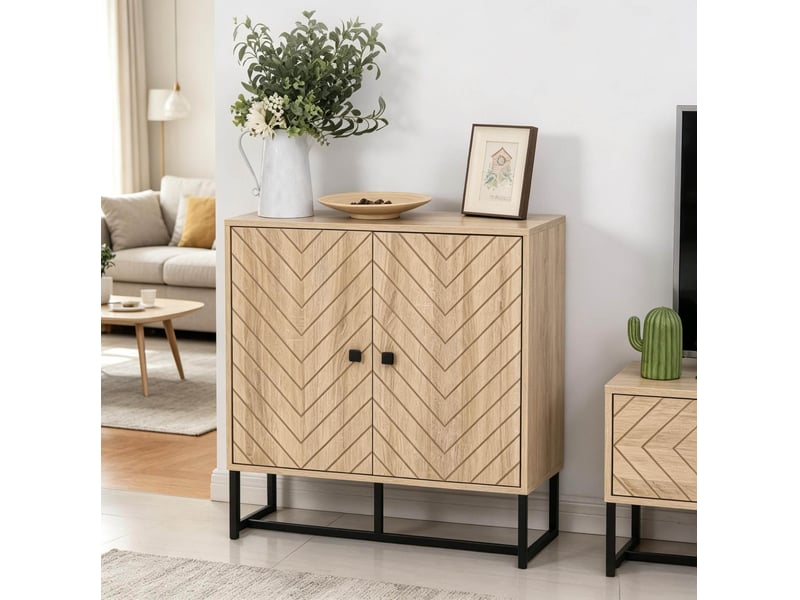 Buffet avec portes magnétiques et étagères réglables, piètement métal pour entrée, noir bois naturel, 80 × 29,5 × 80 cm - Conforama B