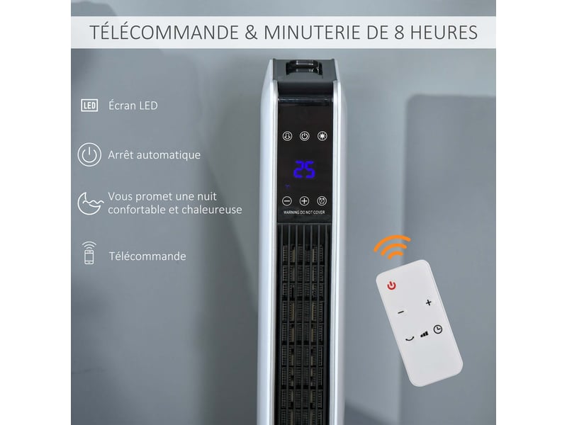  Chauffage électrique soufflant oscillant 11002200 w, céramique ptc, télécommande incluse, 21 x 21 x 73 cm, minuterie 8h  - Conforama R