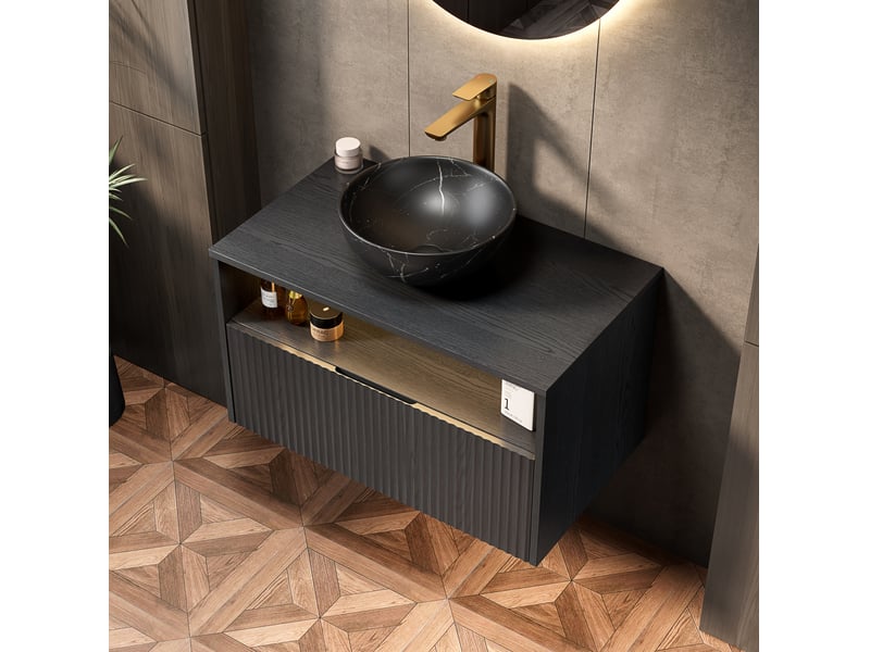  Meuble sous vasque suspendu 1 tiroir, niche, vasque en céramique et led pour salle de bain noir 80 × 46 × 60,8 cm  - Conforama D