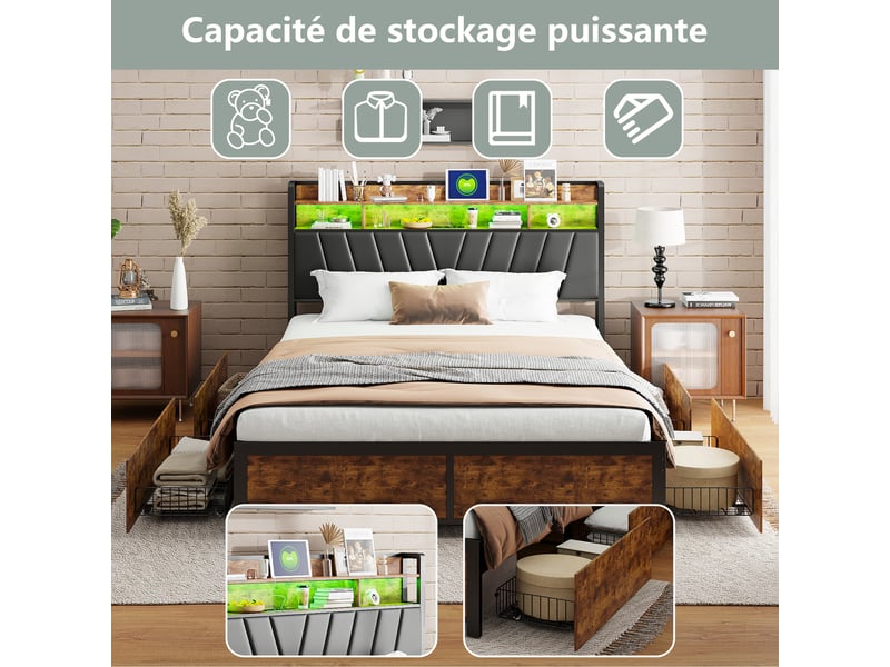 Lit double - 160x200cm-noir - cadre de lit industriel en métal et bois avec 4 tiroirs, led, prises et tête de lit - Conforama E