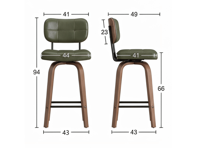  Tabouret de bar pivotant avec dossier ergonomique et revêtement pu, style scandinave en bois et métal vert  - Conforama D