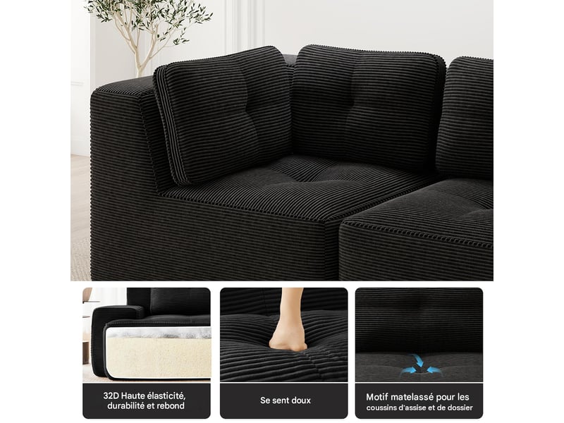  Canapé modulable 4 places en velours côtelé noir W3325S00260 - Conforama D