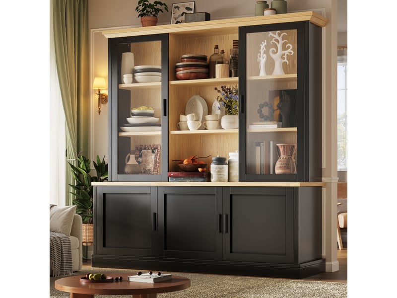  Buffet haut 140x40x185cm avec vitrine supérieure, étagères réglables, anti-basculement et charge 100kg,noir evarich - Conforama E