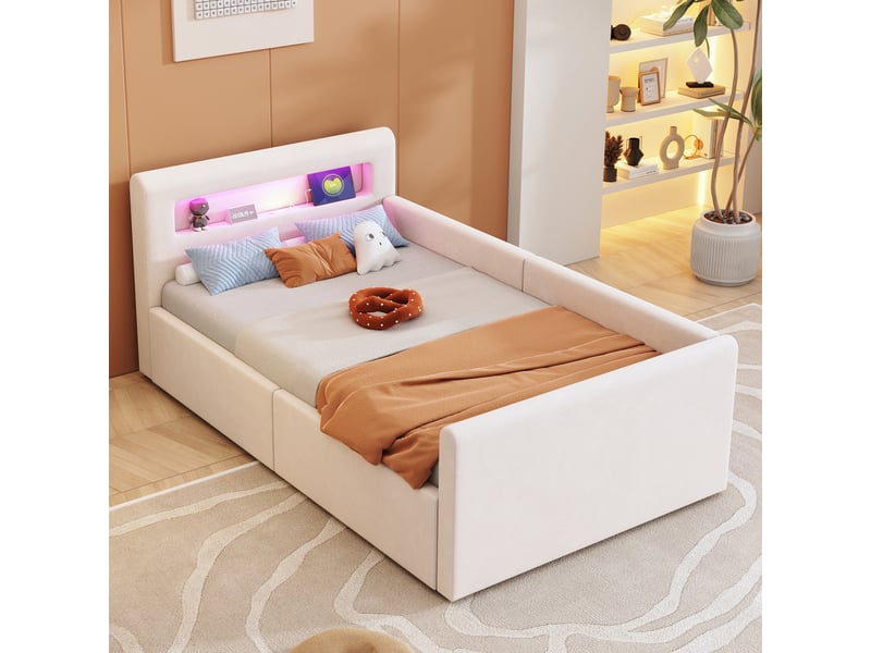  Lit coffre enfant 90x200 cm, led, port usb, espace de rangement, sommier, velours beige, sans matelas  - Conforama B