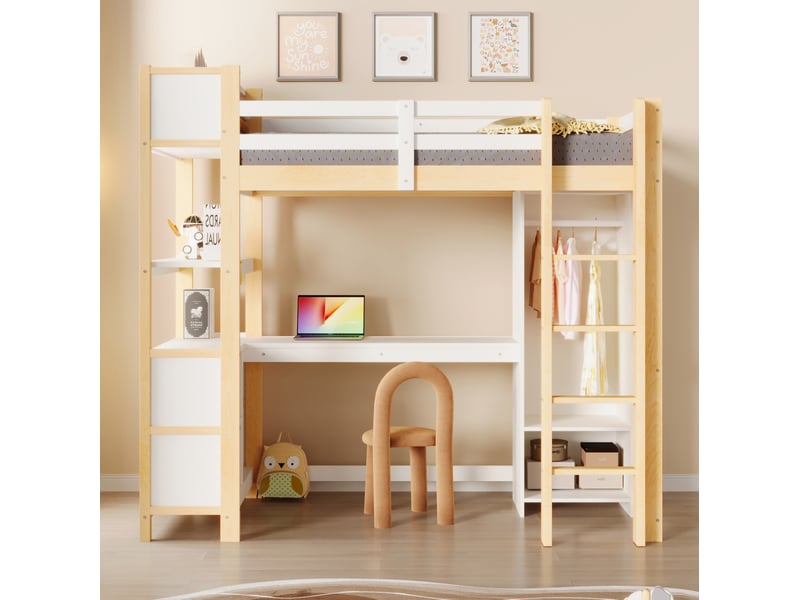  Lit mezzanine enfant 90x200 cm avec bureau, rangements et armoire blanc naturel  - Conforama D