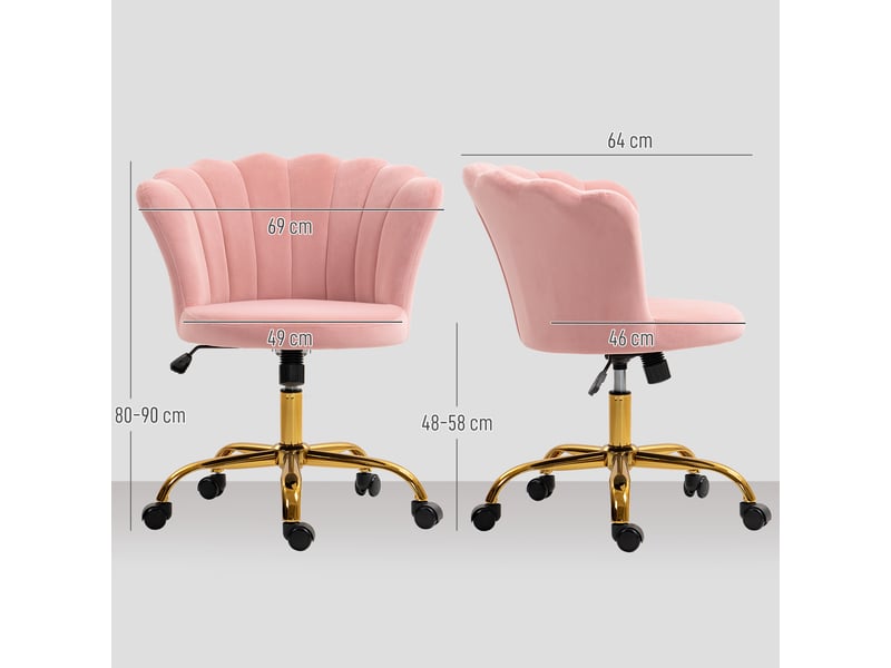  Chaise bureau en velours, chaise coiffeuse avec dossier en pétale, hauteur réglable, 69 x 64 x 80-90 cm, rose  - Conforama E