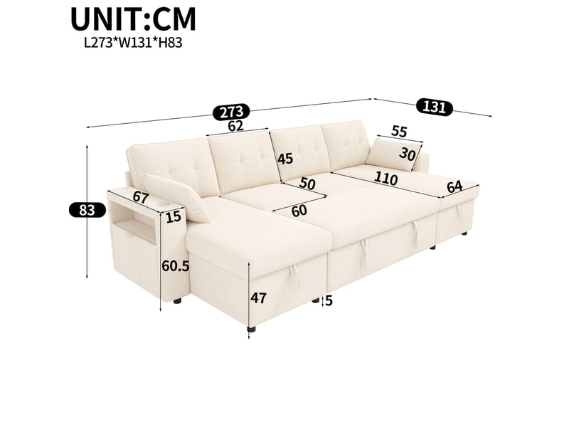 Canapé d’angle 4 places 273x131x83 cm convertible avec led, usb et rangement, en chenille couleur beige, design moderne - Conforama C